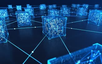 Imagem de cubes digitais conectados por linhas de luz azul, representando tecnologia de blockchain
