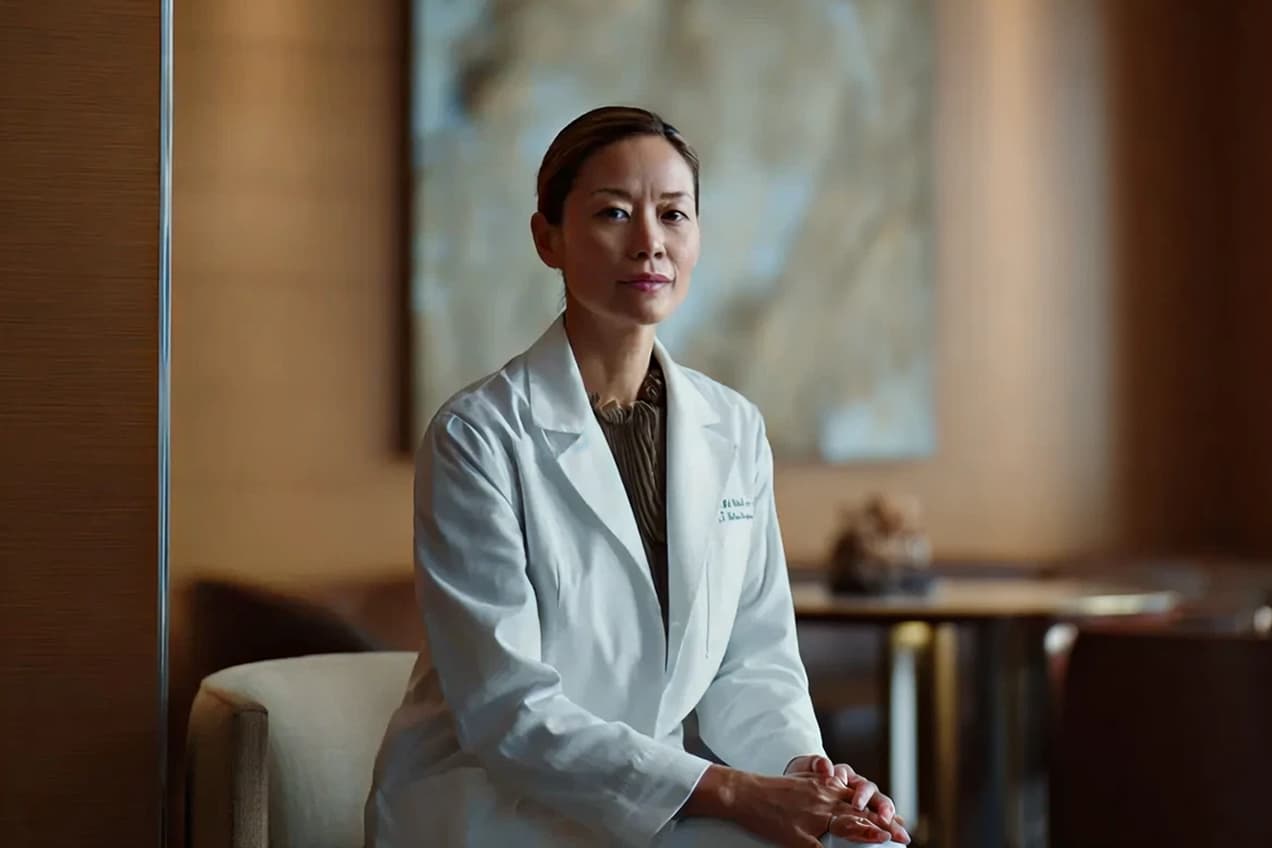 Médica sentada em consultório.